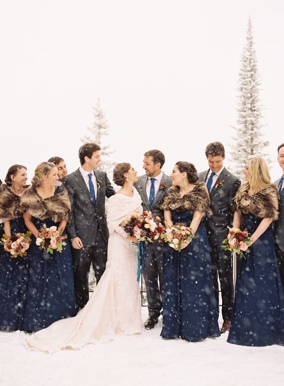 Navy Blue, Grey and Burgundy February Wedding Color Palettes 2024, Navy Blue Bridesmaid Dresses, Grey Groom Suit