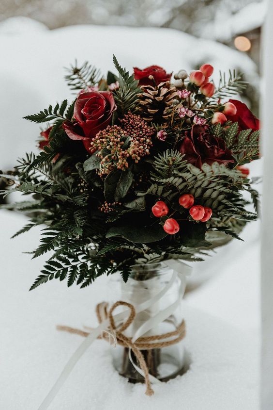 Bridal Bouquet for Dark Red, Greenery and Black February Wedding Color Palettes 2024