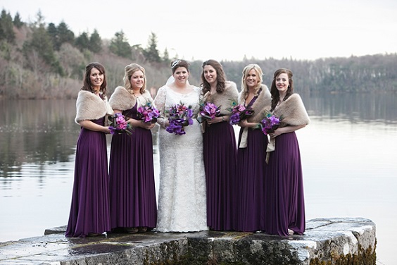 Purple, White and Silver February Wedding Color Palettes 2024, Purple Bridesmaid Dresses, White Bridal Gown