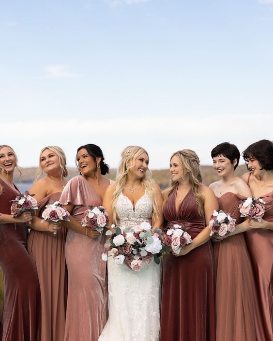 Dusty Rose, Terracotta and Grey February Wedding Color Palettes 2024, Mismatched Dusty Rose and Terracotta Bridesmaid Dresses, Grey Groom Suit