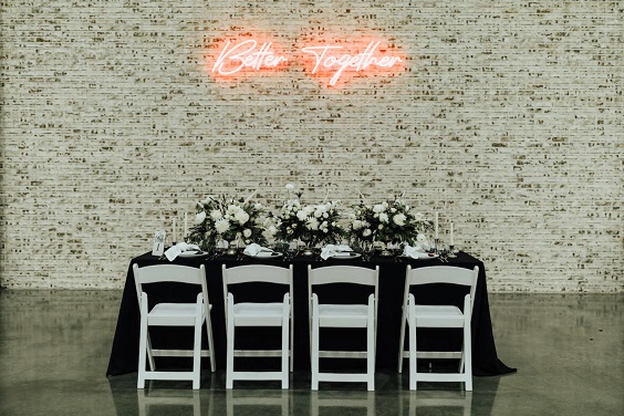 black sweetheart tablecloth white flower and greenery wedding table décor for january wedding colors for 2024 black white and greenery