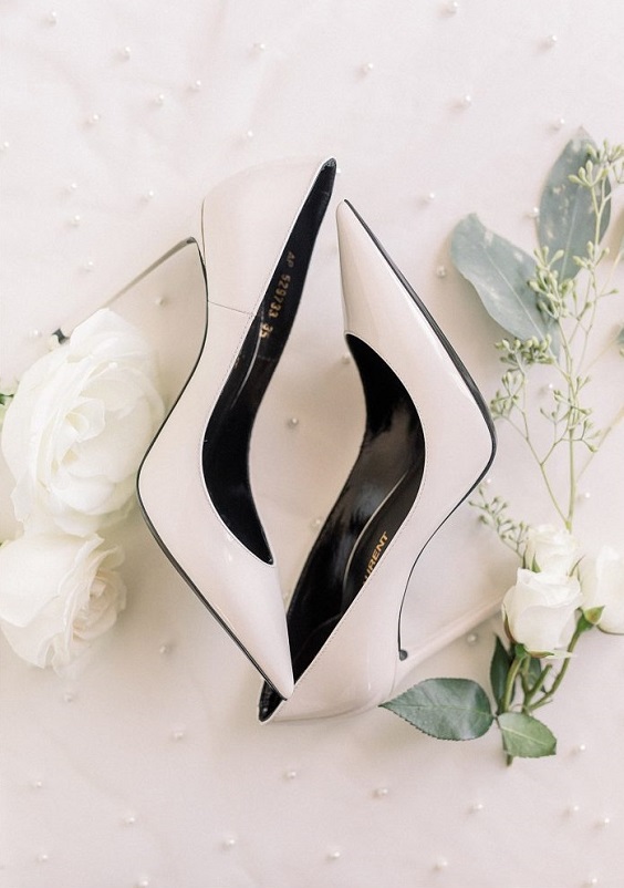 white bridal wedding shoes for january wedding colors for 2024 black white and greenery