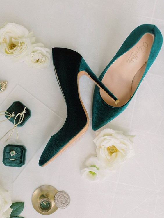 emerald green weddding shoes and wedding rings for january wedding colors for 2024 emerald green and red