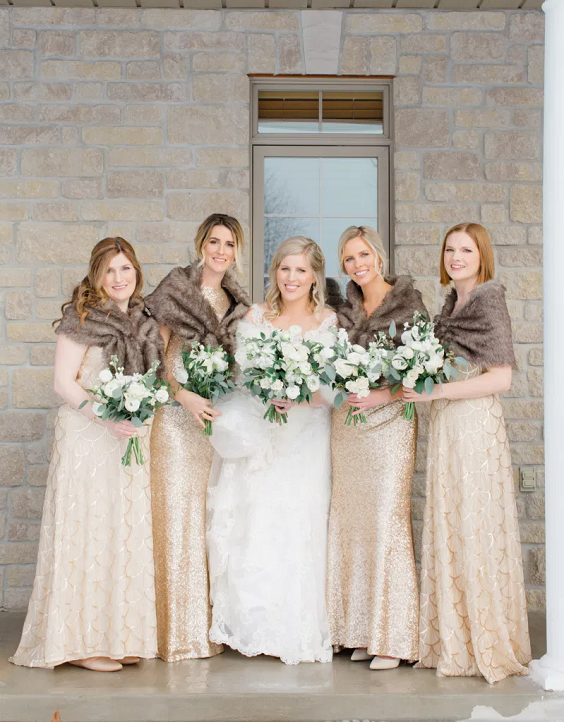 gold bridesmaid dresses with brown fur white bridal gown for january wedding colors for 2024 gold white and greenery