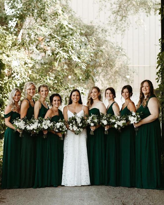 Dark Green Wedding Color Combos 2024, Dark Green Bridesmaid Dresses, White Bridal Gown