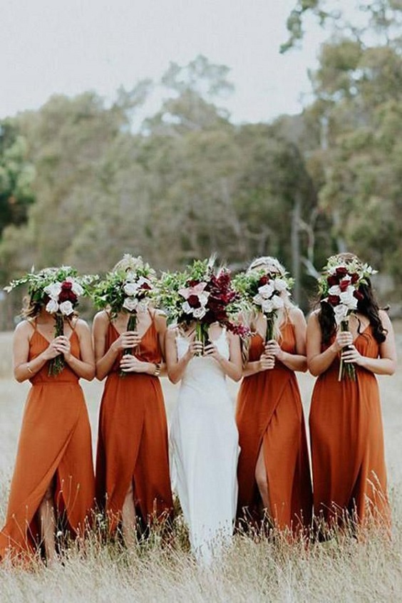 burnt orange bridesmaid dresses white bridal gown for burnt orange wedding colors for 2024 burnt orange and burgundy