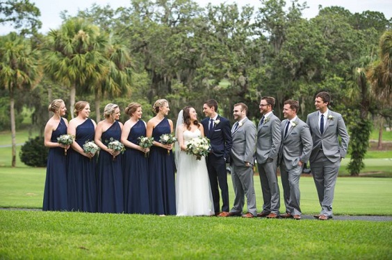 Navy Blue Wedding Color Palettes 2024, Navy Blue Bridesmaid Dresses, Grey Groomsmen Suits