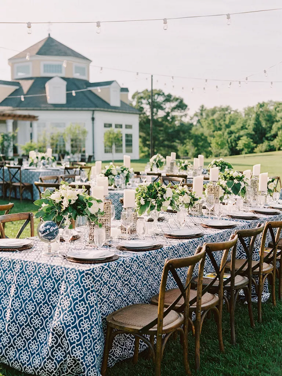 Navy Blue Patterned Table Cloth for Navy Blue Wedding Color Palettes 2024
