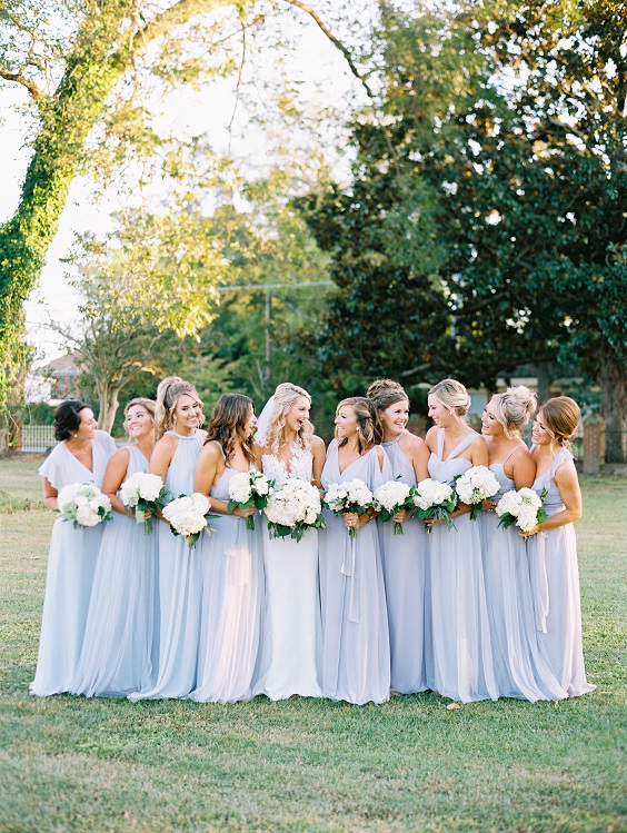 Light Blue Wedding Color Palettes 2024, Light Blue Bridesmaid Dresses, White Bouquets