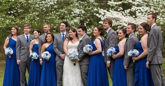 Royal Blue Wedding Color Palettes 2024, Royal Blue Bridesmaid Dresses, Grey Groom Suit