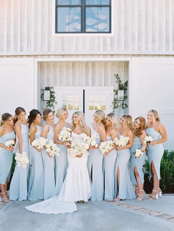 Ice Blue Wedding Color Palettes 2024, Ice Blue Bridesmaid Dresses, White Bridal Gown