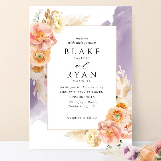 Mauve and Peach Wedding Invitations for Mauve, Lavender and Peach June Wedding Color Palettes for 2024