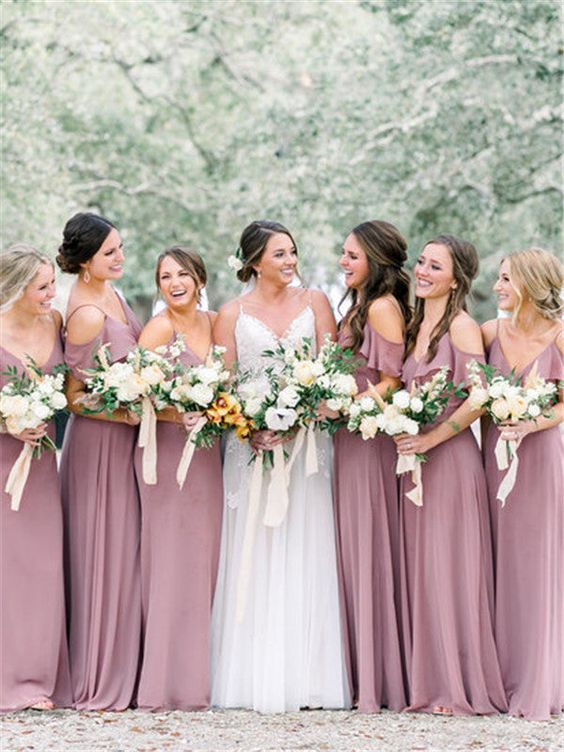 Mauve, Lavender and Peach June Wedding Color Palettes for 2024, Mauve Bridesmaid Dresses, Lavender and Peach Wedding Bouquets