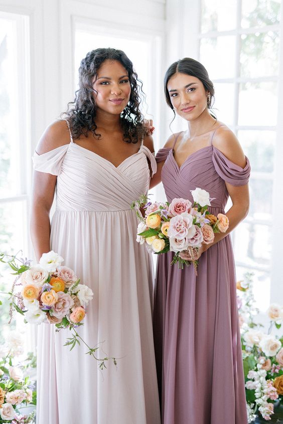 Mauve, Lavender and Peach June Wedding Color Palettes for 2024, Mauve Bridesmaid Dresses