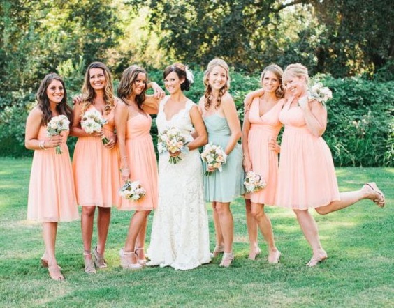 Peach, Green and White June Wedding Color Palettes for 2024, Mismatched Peach and Sage Green Bridesmaid Dresses, White Bridal Gown