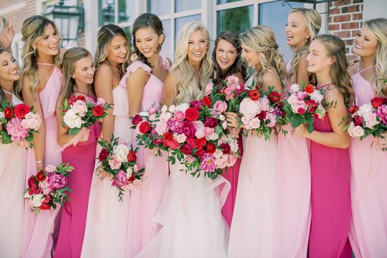 Fuchsia, Blush and Black June Wedding Color Palettes for 2024, Mismatched Fuchsia and Blush Bridesmaid Dresses, Black Groom Suit