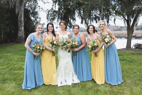 French Blue and Yellow June Wedding Color Palettes for 2024, Mismatched French Blue and Yellow Bridesmaid Dresses, White Bridal Gown
