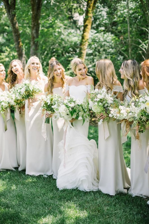 White and Greenery June Wedding Color Palettes for 2024, White Bridesmaid Dresses, Greenery Wedding Bouquets
