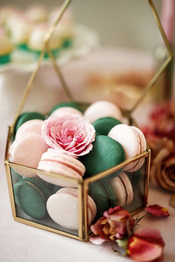 blush and emerald wedding dessert in gold framed containers for emerald green and gold wedding colors emerald gold and blush