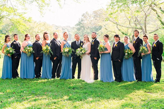 Light Blue, Yellow and Dark Blue April Wedding Color Combos for 2024, Light Blue Bridesmaid Dresses, Dark Blue Groom Suit