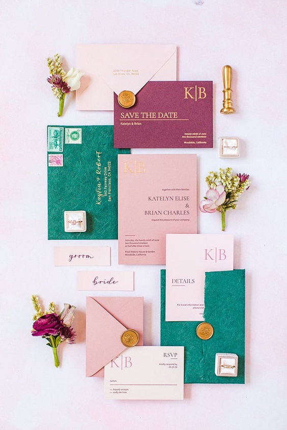 emerald and dusty rose wedding invitations with gold seals for emerald green and gold wedding colors emerald gold and dusty rose