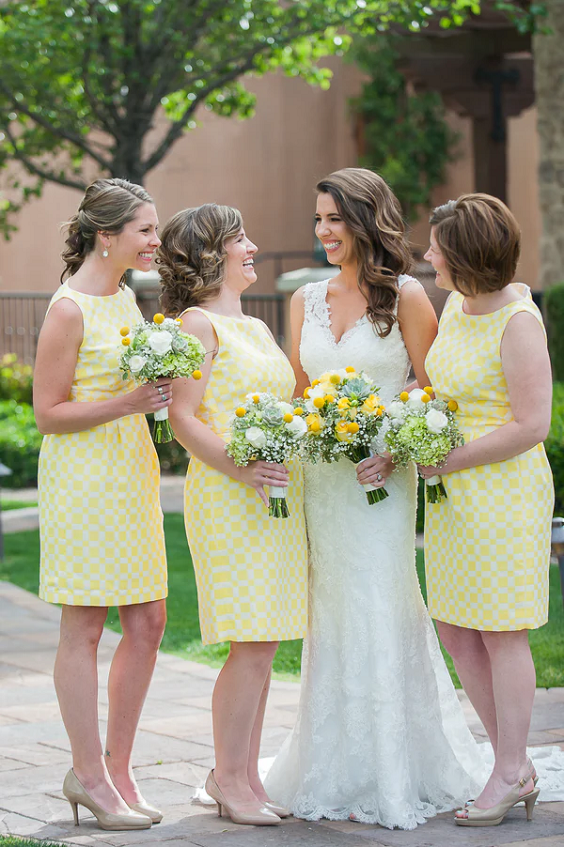 Yellow, White and Greenery April Wedding Color Combos for 2024, Yellow Bridesmaid Dresses, White Bridal Gown