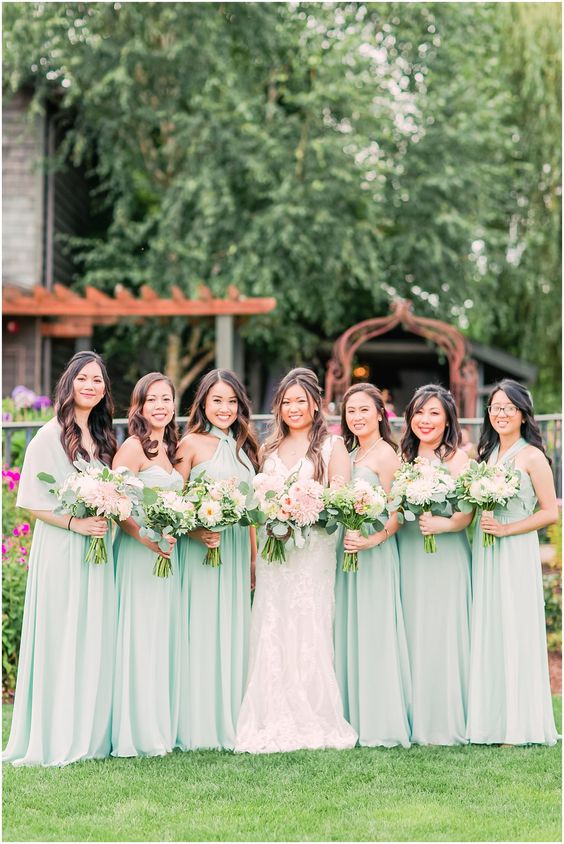 Mint Green and Blush April Wedding Color Combos for 2024, Mint Green Bridesmaid Dresses, Blush Wedding Bouquets