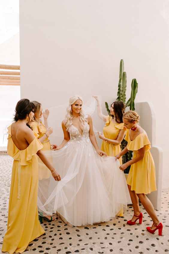 yellow bridesmaid dresses and white bridal gown for emerald green and gold wedding colors emerald gold and yellow