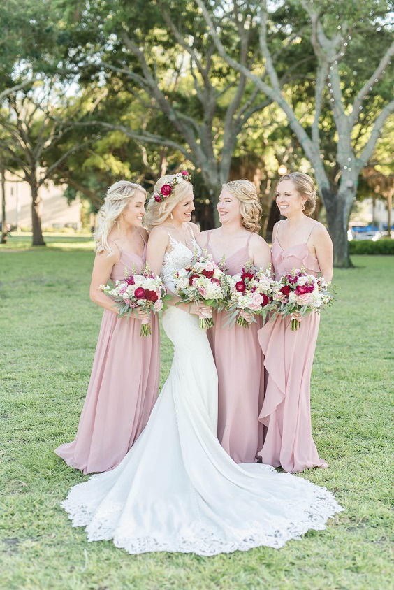 Dusty Rose, Blush and Burgundy April Wedding Color Combos for 2024, Dusty Rose Bridesmaid Dresses, Blush and Burgundy Wedding Bouquets