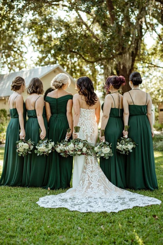 emerald bridesmaid dresses and white bridal gown for emerald green and gold wedding colors emerald gold and white