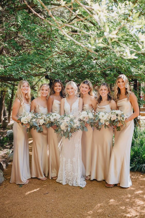 Champagne, White and Blush April Wedding Color Combos for 2024, Champagne Bridesmaid Dresses, White Bridal Gown