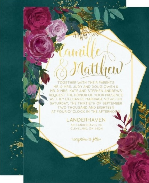 emerald wedding invitations with burgundy flower print for emerald green and gold wedding colors emerald gold and burgundy