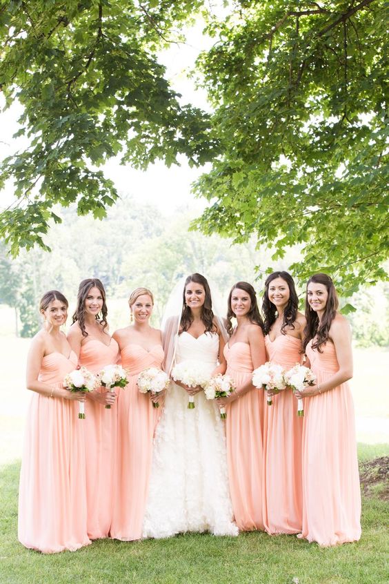 Peach and White April Wedding Color Combos for 2024, Peach Bridesmaid Dresses, White Bridal Gown