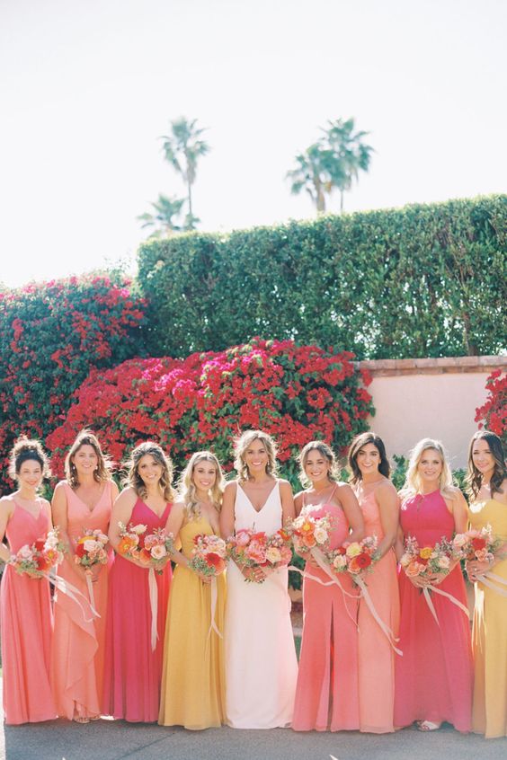 Coral and Yellow April Wedding Color Combos for 2024, Mismatched Coral and Yellow Bridesmaid Dresses, White Bridal Gown