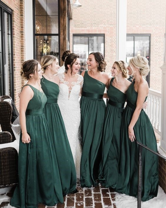 emerald bridesmaid dresses and white bridal gown for emerald green and gold wedding colors emerald gold and peach