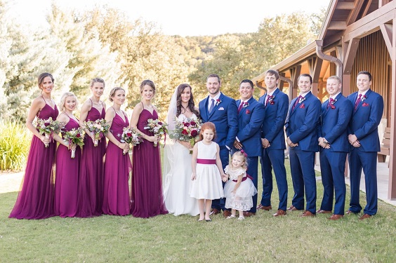 Navy Blue and Wine Wedding Color Palettes for 2024, Mismatched Wine and Navy Blue Bridesmaid Dresses, Navy Blue Groom Suit