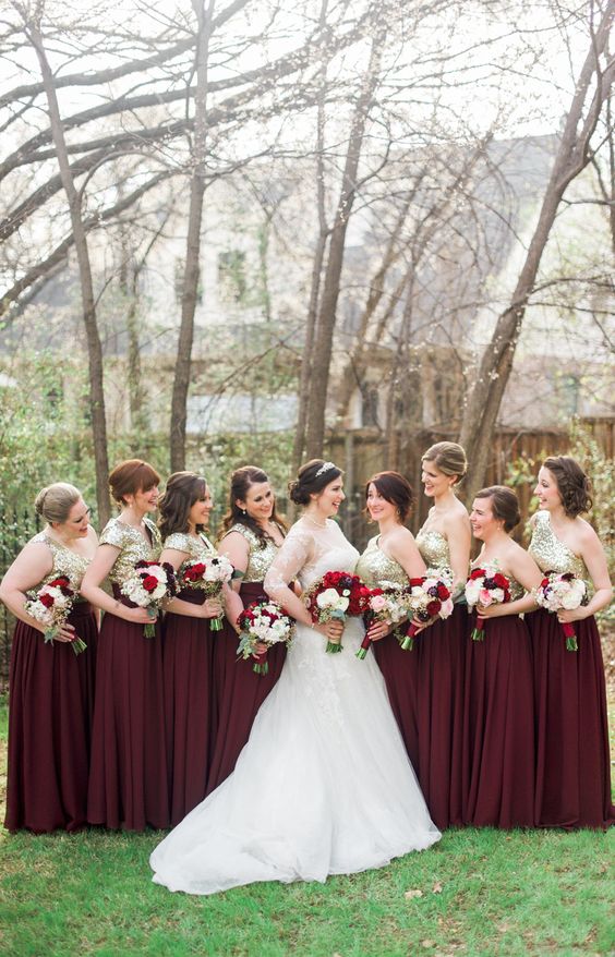 Burgundy Gold and White Wedding Color Combos for 2024, Burgundy and Gold Bridesmaid Dresses, White Bridal Gown