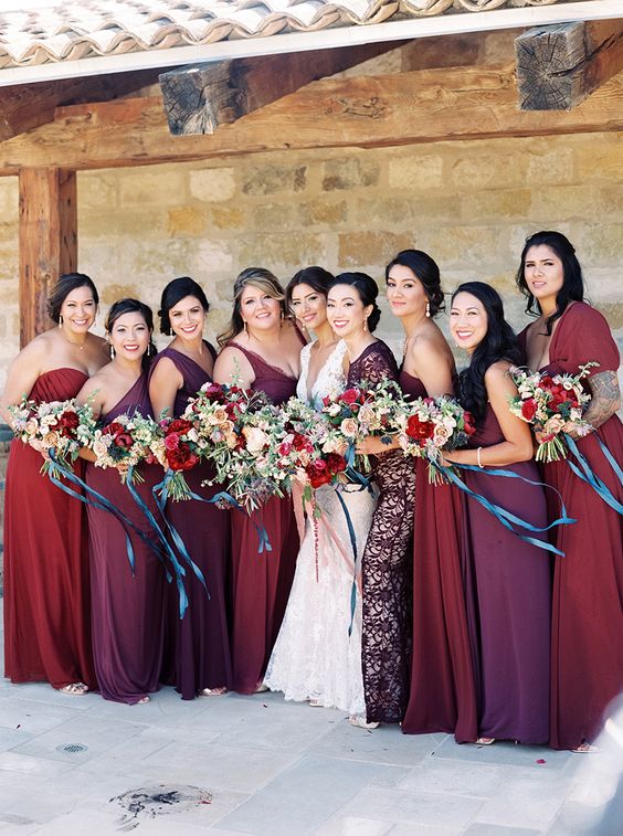 Burgundy and Shades of Purple Wedding Color Combos for 2024, Mismatched Burgundy and Purple Bridesmaid Dresses, Burgundy and Purple Wedding Bouquets