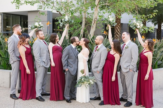 Burgundy and Grey Wedding Color Combos for 2024, Burgundy Bridesmaid Dresses, Grey Groom Suit