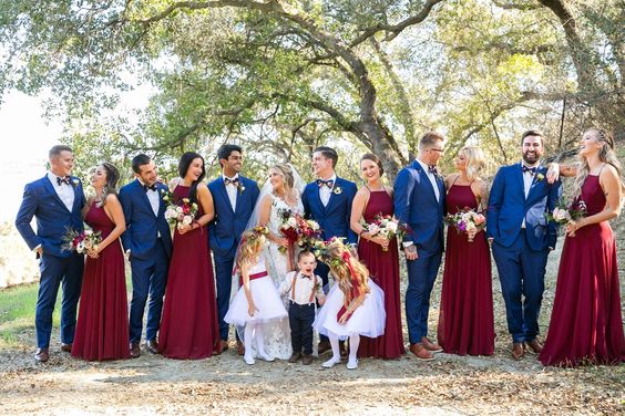 Burgundy, Navy Blue and Blush Wedding Color Combos for 2024, Burgundy Bridesmaid Dresses, Navy Blue Groom Suit