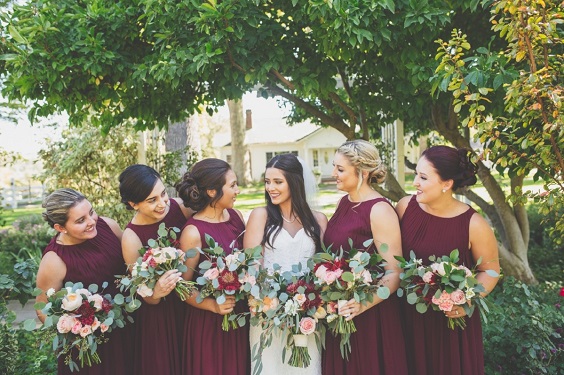 Burgundy, Peach and Light Grey Wedding Color Combos for 2024, Burgundy Bridesmaid Dresses, Peach Wedding Bouquets