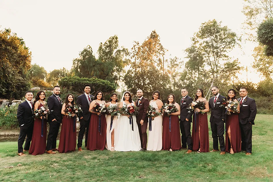 Burgundy, Black and White Wedding Color Combos for 2024, Burgundy Bridesmaid Dresses, Black Groom Suit
