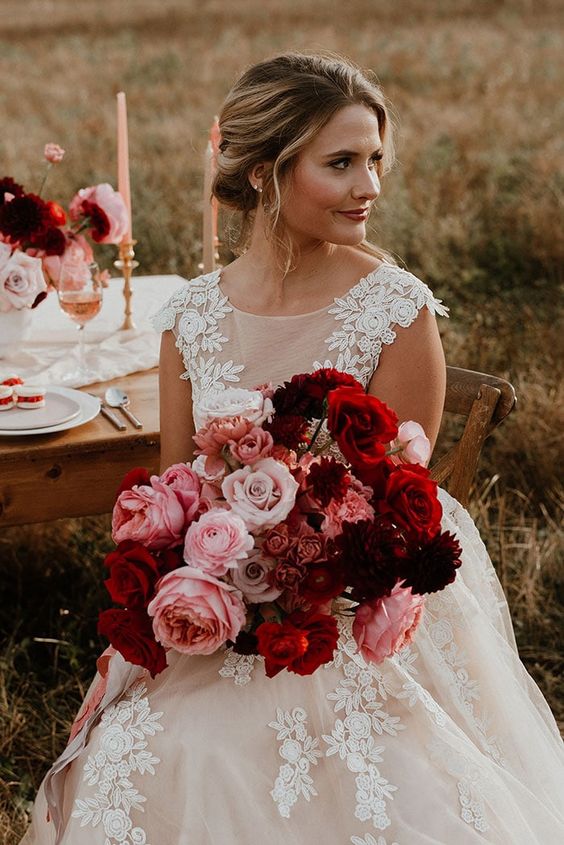Bridal Bouquet for Burgundy, Red and Pink Wedding Color Combos for 2024