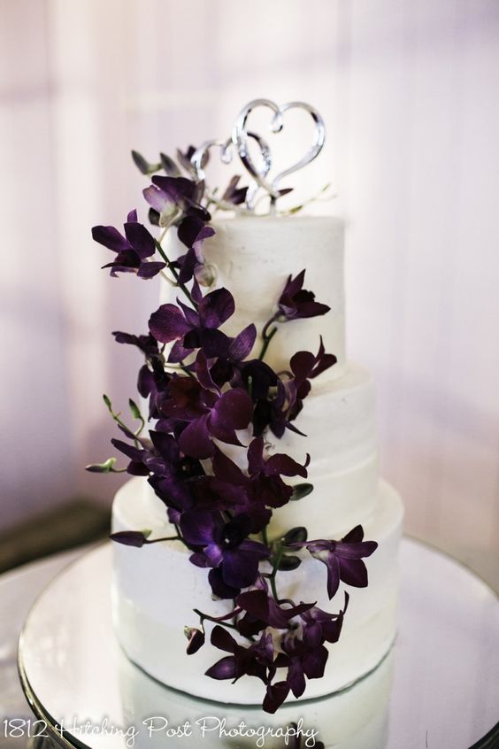white cake with dark purple flowers for purple wedding colors combos for 2024 dark purple and white