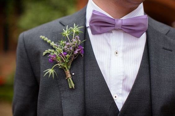 black groomsmen's attire with pastel lilac bowtie for purple wedding colors combos for 2024 dark purple and pastel lilac