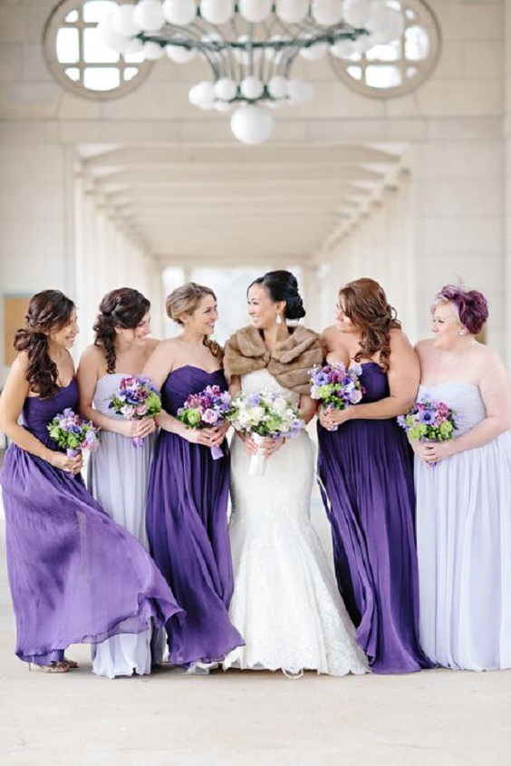 white wedding gown with different purple shades of bridesmaid dresses for purple wedding colors combos for 2024 shades of purple