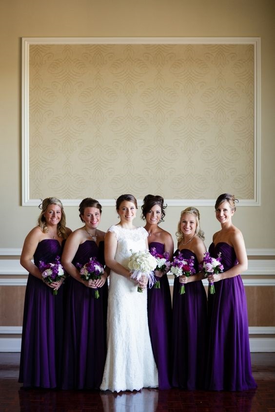 white wedding gown and royal purple bridesmaid dresses for purple wedding colors combos for 2024 royal purple and chalk violet