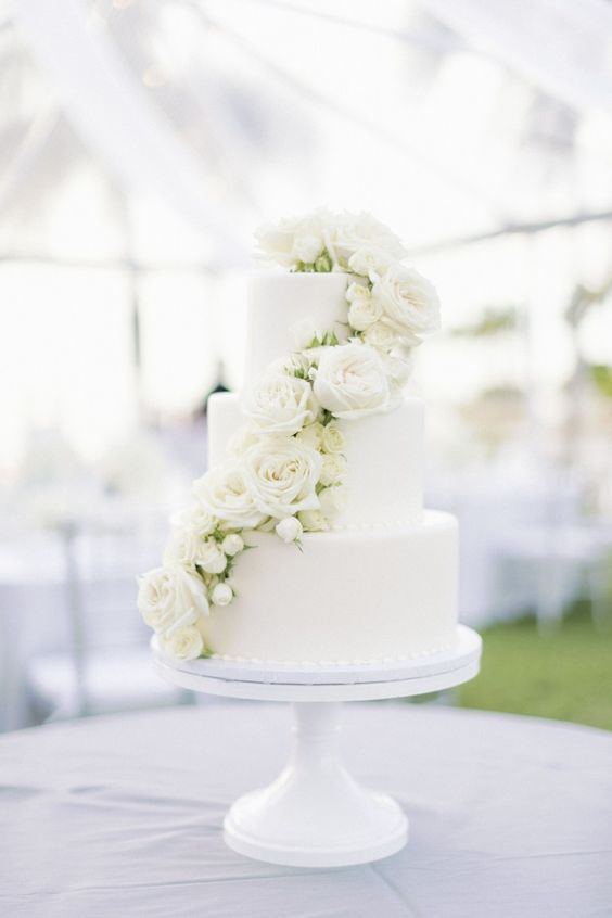 white wedding cake with white flowers for july wedding colors combos for 2024 white and greenery