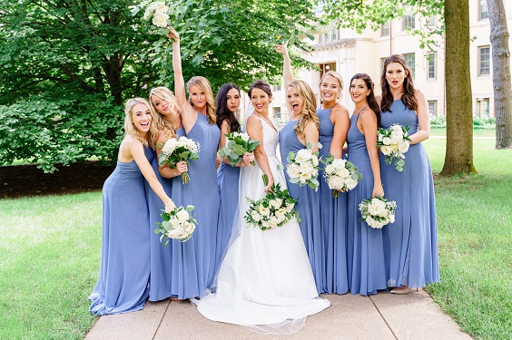 white bridal gown and conflower blue bridesmaid dresses for july wedding colors combos for 2024 conflower blue and ivory