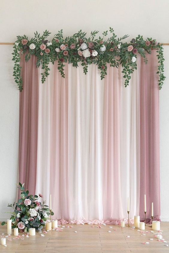 white pink and dusty rose ceremony backdrop with flowers for july wedding colors combos for 2024 dusty rose and white
